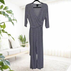 En Focus Studio Navy Blue & White V-Neck Belted Jumpsuit Size 12
